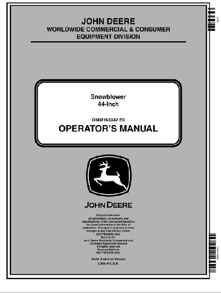 OPERATOR MANUAL - JOHN DEERE L100, G100, D100 & 100 SERIES 44-INCH SNOWBLOWER (050001-) OMM163342 E0