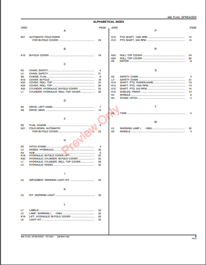 JOHN DEERE 466 FLAIL SPREADER PC1955 - PARTS CATALOG MANUAL