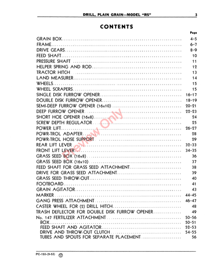 JOHN DEERE RS GRAIN DRILL, PLAIN PC193 - PARTS CATALOG MANUAL