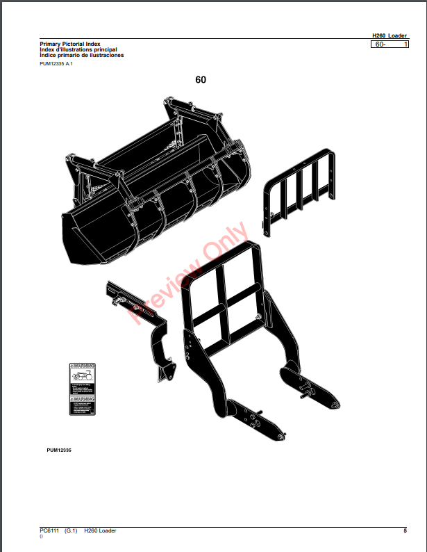 JOHN DEERE H260 LOADER PC6111 - PARTS CATALOG MANUAL