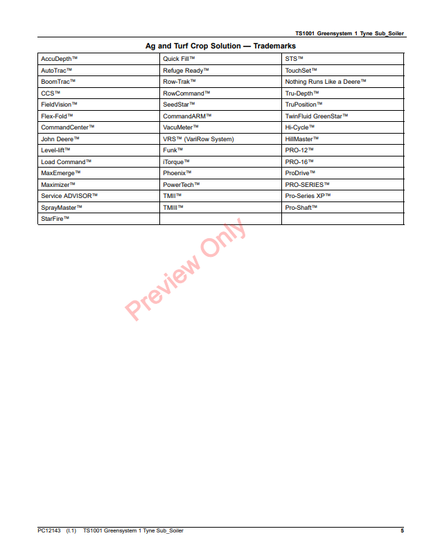 JOHN DEERE TS1001 GREENSYSTEM 1 TYNE SUB-SOILER PC12143 - PARTS CATALOG MANUAL