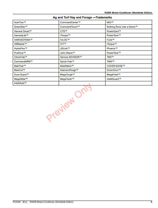 JOHN DEERE R350R MOWER CONDITIONER (WORLDWIDE EDITION) PC3339 - PARTS CATALOG MANUAL