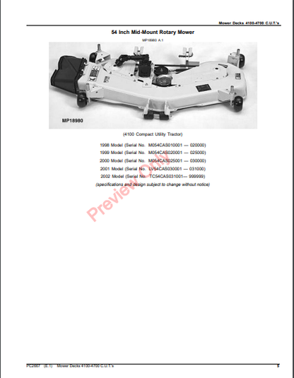 JOHN DEERE 54-INCH, 60-INCH, 72-INCH MOWER DECKS (FOR 41/42/43/44/45/46/4700 COMPACT UTILITY TRACTORS) PC2667 - PARTS CATALOG MANUAL