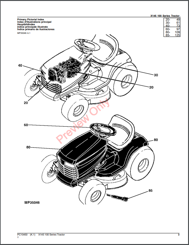 JOHN DEERE X145 TRACTOR PC10450 - PARTS CATALOG MANUAL