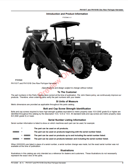 JOHN DEERE PH1101T AND PH1101B ONE ROW PULL-TYPE HARVESTER PC12330 - PARTS CATALOG MANUAL