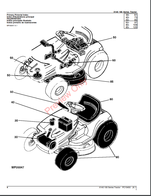 JOHN DEERE X145 TRACTOR PC10450 - PARTS CATALOG MANUAL