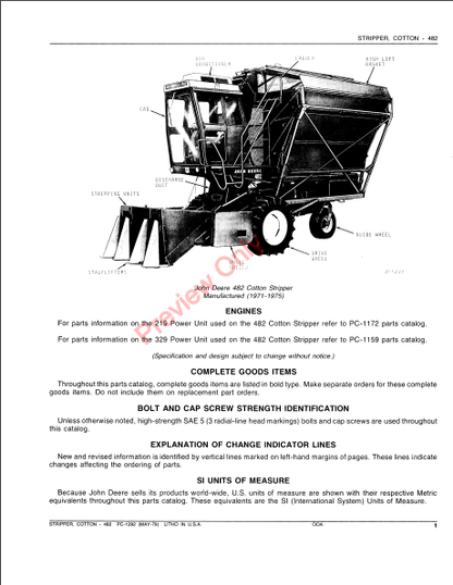 JOHN DEERE 482 COTTON STRIPPER PC1292 - PARTS CATALOG MANUAL