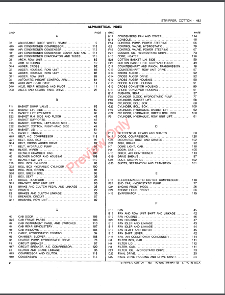 JOHN DEERE 482 COTTON STRIPPER PC1292 - PARTS CATALOG MANUAL