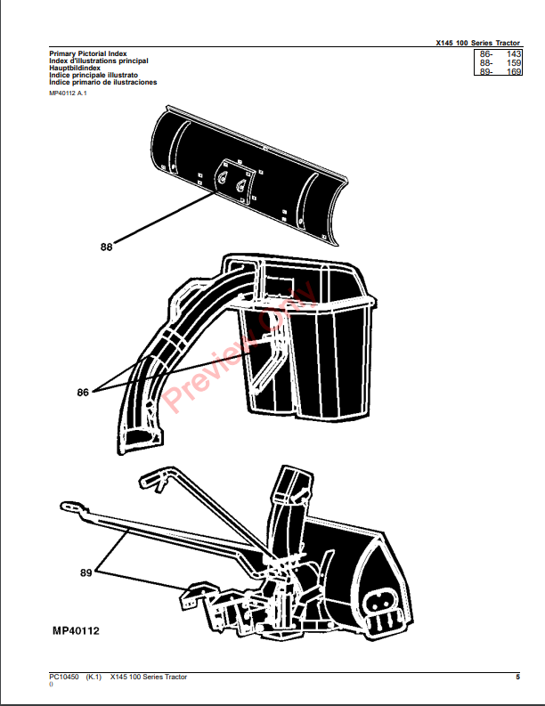 JOHN DEERE X145 TRACTOR PC10450 - PARTS CATALOG MANUAL