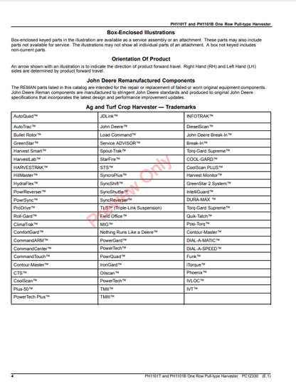 JOHN DEERE PH1101T AND PH1101B ONE ROW PULL-TYPE HARVESTER PC12330 - PARTS CATALOG MANUAL