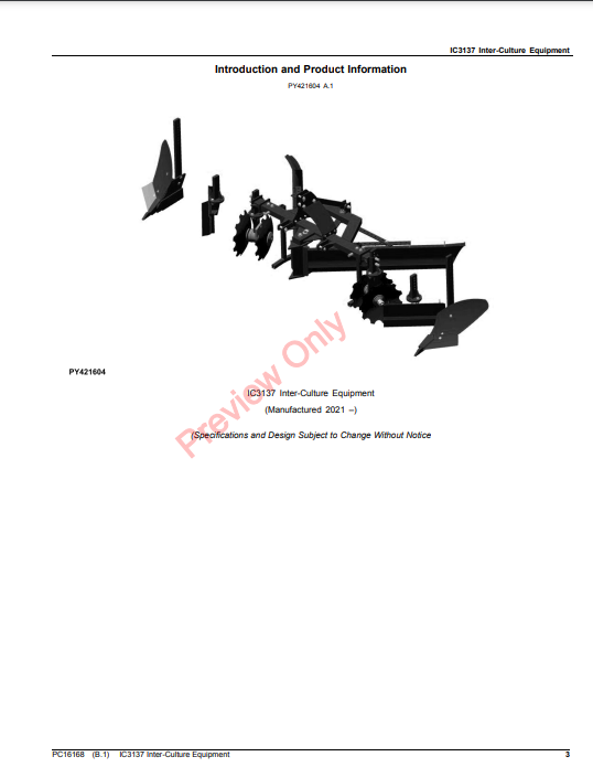 JOHN DEERE IC3137 INTER-CULTURE EQUIPMENT PC16168 - PARTS CATALOG MANUAL