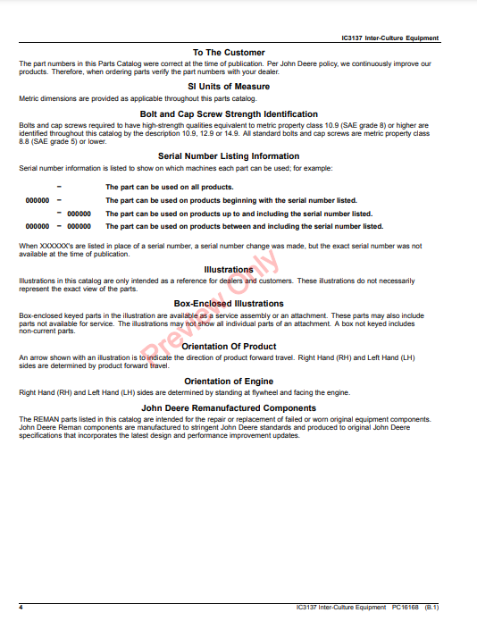 JOHN DEERE IC3137 INTER-CULTURE EQUIPMENT PC16168 - PARTS CATALOG MANUAL