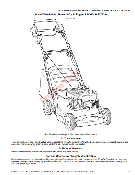 JOHN DEERE 54CM WALK-BEHIND MOWER 4-CYCLE ENGINE R54VE (SA1596, SA1896 AND SA227620) PC4935 - PARTS CATALOG MANUAL