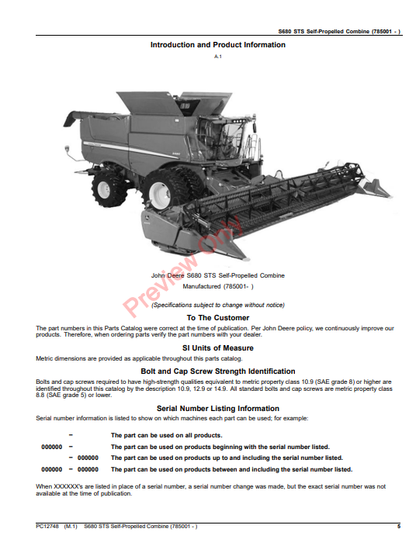 JOHN DEERE S680 STS SELF-PROPELLED COMBINE PC12748 - PARTS CATALOG MANUAL