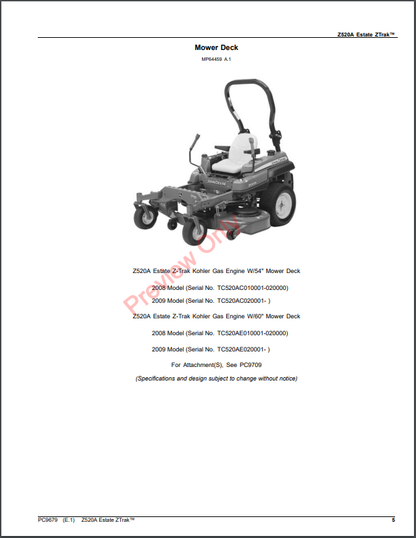 JOHN DEERE Z520A ESTATE ZTRAK PC9679 - PARTS CATALOG MANUAL