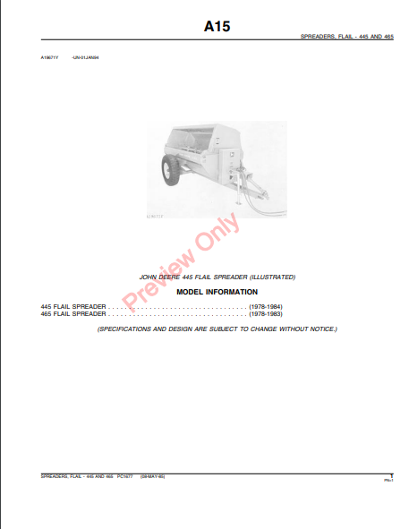 JOHN DEERE 445, 465 FLAIL SPREADERS PC1677 - PARTS CATALOG MANUAL