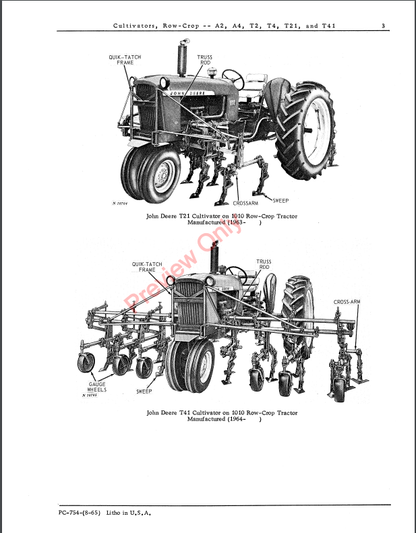 JOHN DEERE CULTIVATORS ROW CROP A2, A4, T2, T4, T21 AND T41 PC754- PARTS CATALOG MANUAL