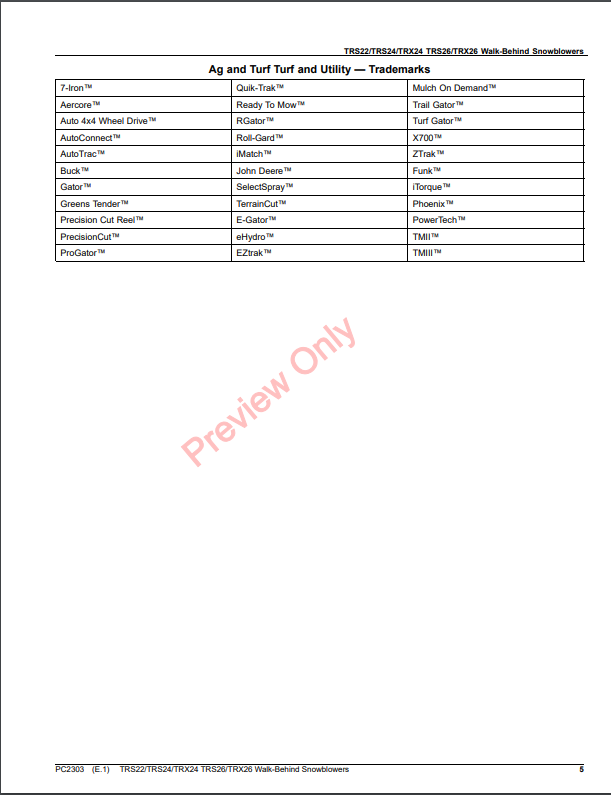 JOHN DEERE TRS22, TRS24, TRX24, TRS26 AND TRX26 WALK-BEHIND SNOWBLOWERS PC2303 - PARTS CATALOG MANUAL