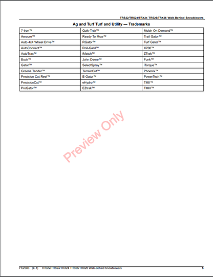 JOHN DEERE TRS22, TRS24, TRX24, TRS26 AND TRX26 WALK-BEHIND SNOWBLOWERS PC2303 - PARTS CATALOG MANUAL