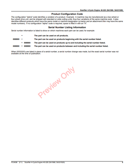 JOHN DEERE SCARIFIER 4-CYCLE ENGINE 45-220 (SA1568, SA331520) PC4938 - PARTS CATALOG MANUAL