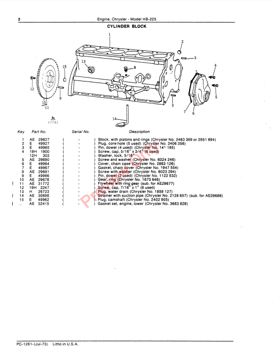 JOHN DEERE MODEL HB-225 CHRYSLER ENGINE PC1261 - PARTS CATALOG MANUAL