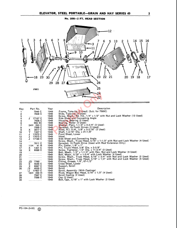 JOHN DEERE SERIES 49 GRAIN AND HAY PORTABLE STEEL ELEVATORS PC104 - PARTS CATALOG MANUAL