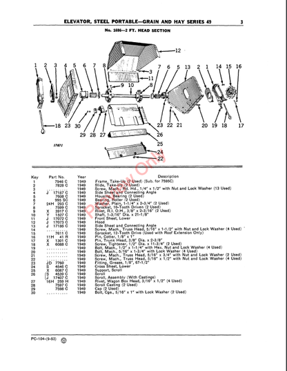 JOHN DEERE SERIES 49 GRAIN AND HAY PORTABLE STEEL ELEVATORS PC104 - PARTS CATALOG MANUAL