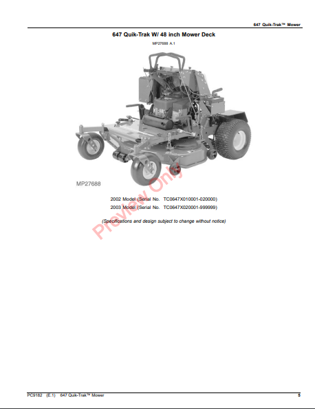 JOHN DEERE 647 QUIK-TRAK MOWER PC9182 - PARTS CATALOG MANUAL