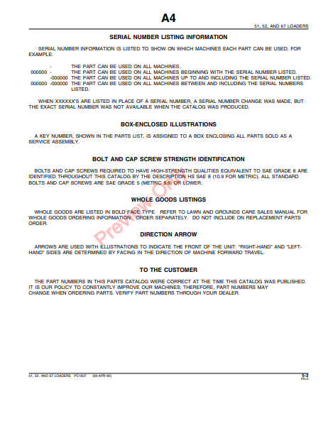 JOHN DEERE 51, 52 & 67 LOADERS PC1837 - PARTS CATALOG MANUAL