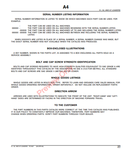 JOHN DEERE 51, 52 & 67 LOADERS PC1837 - PARTS CATALOG MANUAL