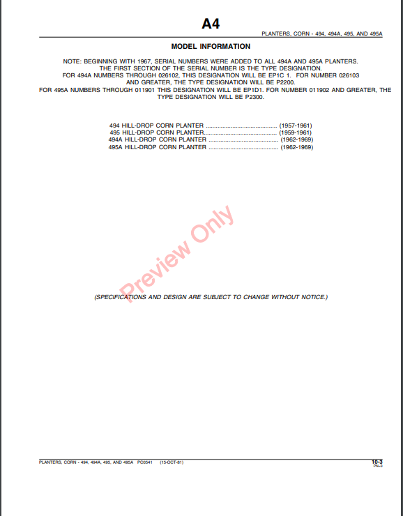 JOHN DEERE 494, 494A, 495, 495A UNIT PLANTER PC541 - PARTS CATALOG MANUAL