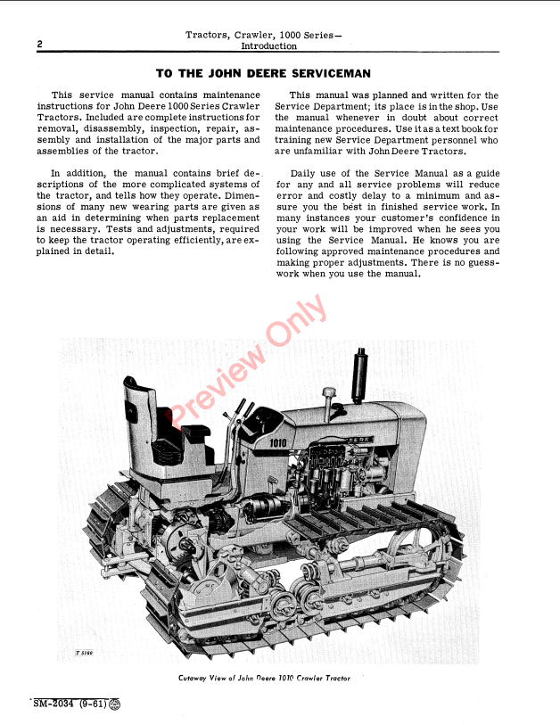 JOHN DEERE 1010 CRAWLER TRACTOR SERVICE MANUAL SM2034 - PDF FILE