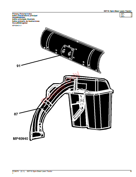 JOHN DEERE SST15 SPIN-STEER LAWN TRACTOR PC9075 - PARTS CATALOG MANUAL