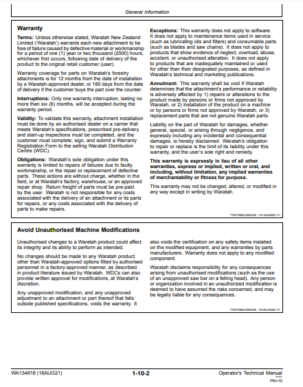 OPERATOR MANUAL - JOHN DEERE TIMBERRITE™ X-20 Waratah Felling Head WA134818