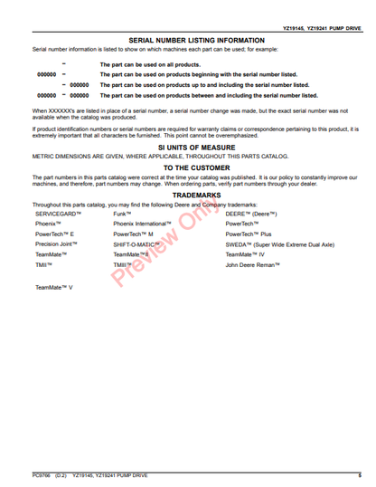 JOHN DEERE YZ19145, YZ19241 PUMP DRIVE PC9766 - PARTS CATALOG MANUAL