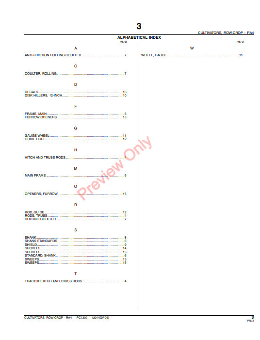 JOHN DEERE RA4 ROW-CROP CULTIVATOR PC1309 - PARTS CATALOG MANUAL