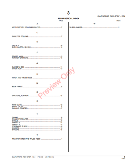 JOHN DEERE RA4 ROW-CROP CULTIVATOR PC1309 - PARTS CATALOG MANUAL