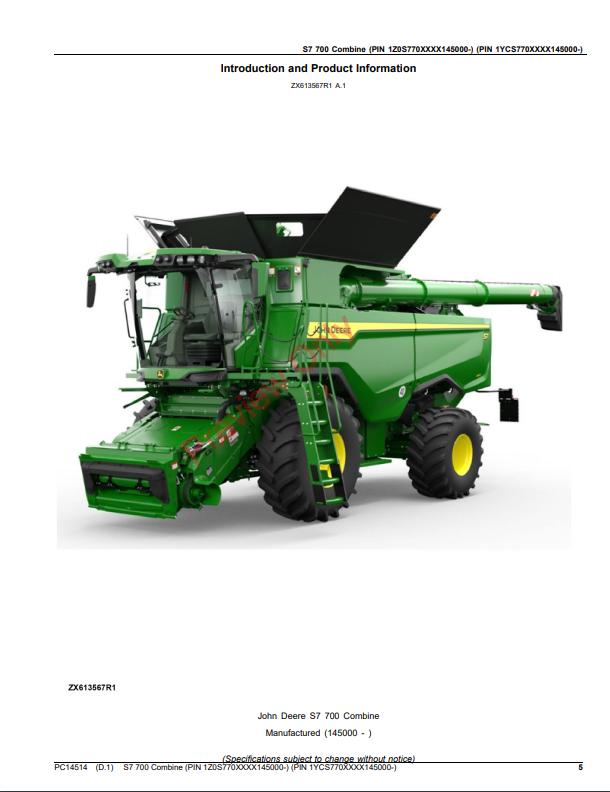 JOHN DEERE S7700 COMBINE PC14514 - PARTS CATALOG MANUAL