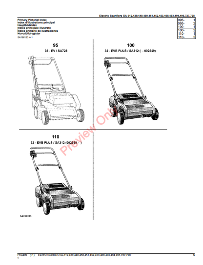 JOHN DEERE ELECTRIC SCARIFIERS SA-312, 439, 440, 450, 451, 452, 453, 468, 493, 494, 495, 727, 728 PC4409 - PARTS CATALOG MANUAL