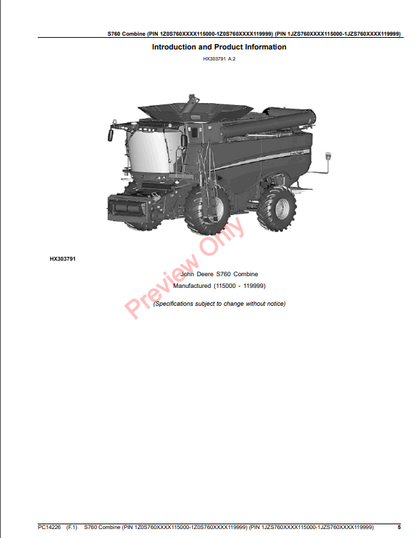 JOHN DEERE S760 COMBINE PC14226 - PARTS CATALOG MANUAL