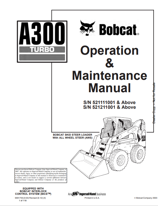 BOBCAT A300 TURBO OPERATION & MAINTENANCE MANUAL (6901755) - PDF FILE