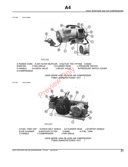 JOHN DEERE A33, A75, A100, A200, A250 & A300 AIR COMPRESSORS & SPRAYERS PC1438 - PARTS CATALOG MANUAL