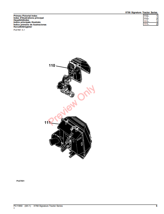 JOHN DEERE X758 SIGNATURE TRACTOR SERIES PC11850 - PARTS CATALOG MANUAL