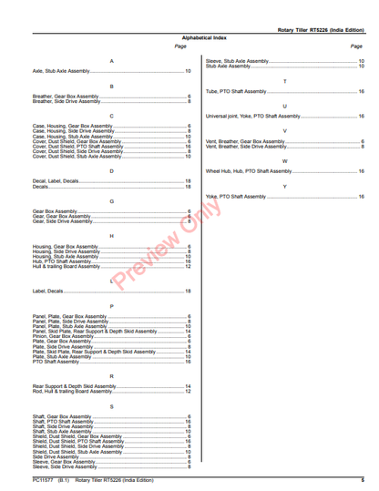 JOHN DEERE ROTARY TILLER RT5226 (INDIA EDITION) PC11577 - PARTS CATALOG MANUAL