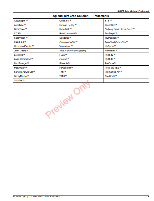 JOHN DEERE IC3137 INTER-CULTURE EQUIPMENT PC16168 - PARTS CATALOG MANUAL