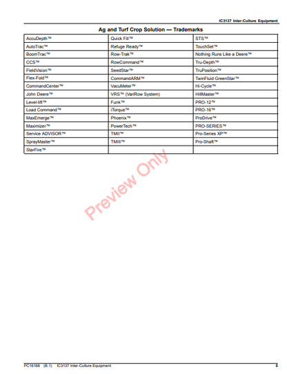 JOHN DEERE IC3137 INTER-CULTURE EQUIPMENT PC16168 - PARTS CATALOG MANUAL