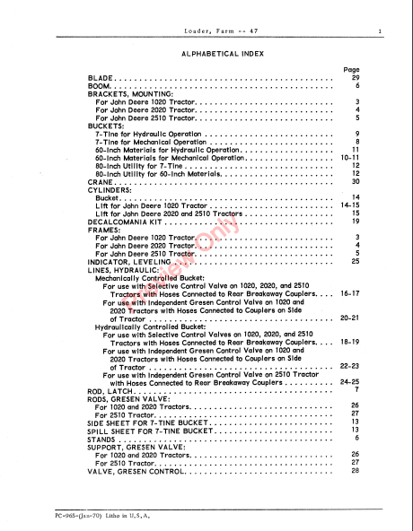 JOHN DEERE 47 FARM LOADER PC965 - PARTS CATALOG MANUAL