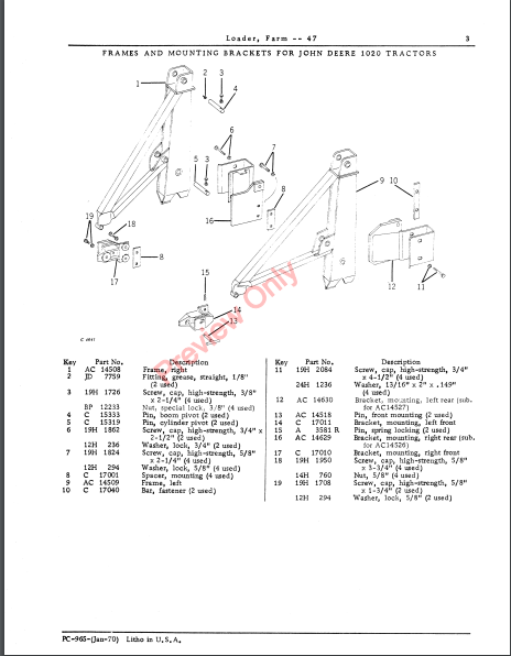 JOHN DEERE 47 FARM LOADER PC965 - PARTS CATALOG MANUAL