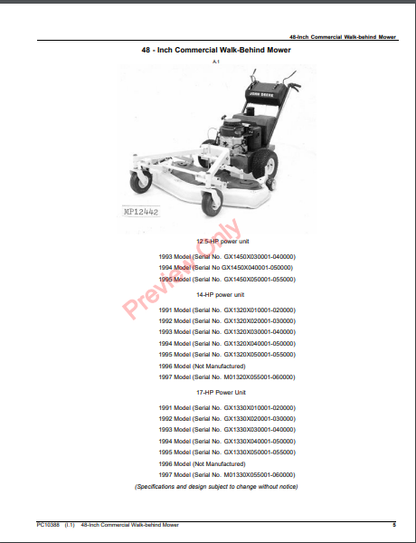 JOHN DEERE 48-INCH COMMERCIAL WALK-BEHIND MOWER PC10388 - PARTS CATALOG MANUAL