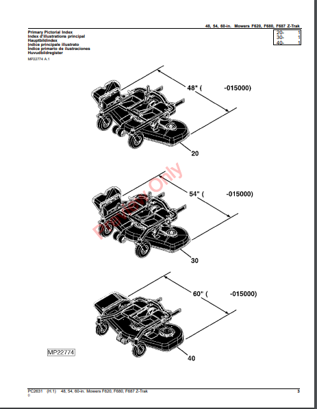 JOHN DEERE 48-INCH, 54-INCH AND 60-INCH MOWER DECKS FOR F620, F680, AND F687 Z-TRACK FRONT MOWERS PC2631 - PARTS CATALOG MANUAL